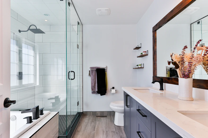 Completed bathroom remodel with new shower and vanity plumbing